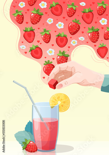 Dissolvable Drink. Vitamin cocktail with strawberry flavor. Berry smoothie. Vector colorful illustration for design and advertising. The hand holds a soluble cube.