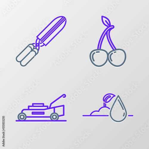 Set line Watering sprout, Lawn mower, Cherry and Gardening handmade scissors for trimming icon. Vector