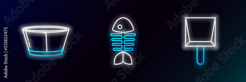 Set line Dustpan, Protective cone collar and Fish skeleton icon. Glowing neon. Vector