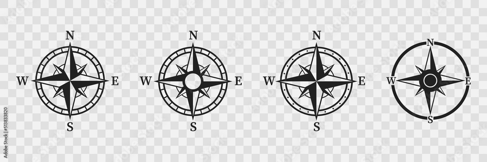 Compass icons set. Black wind rose or compass set. Wind rose symbol collection. Vector illustration. Cardinal directions- North, South, East, West. - obrazy, fototapety, plakaty 