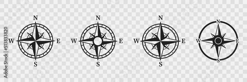 Compass icons set. Black wind rose or compass set. Wind rose symbol collection. Vector illustration. Cardinal directions- North, South, East, West.