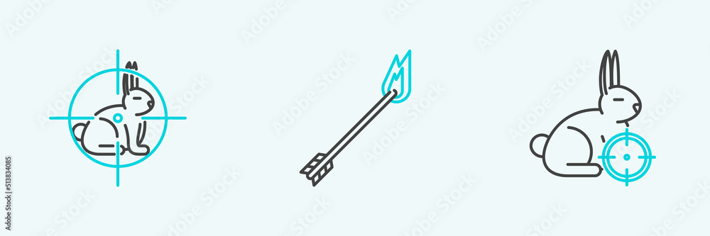 Naklejka premium Set line Hunt on rabbit with crosshairs, and Flame arrow icon. Vector