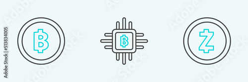 Set line Cryptocurrency coin Zcash ZEC, Bitcoin and CPU mining farm icon. Vector