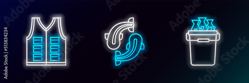 Set line Fishing bucket with fishes, jacket and icon. Glowing neon. Vector