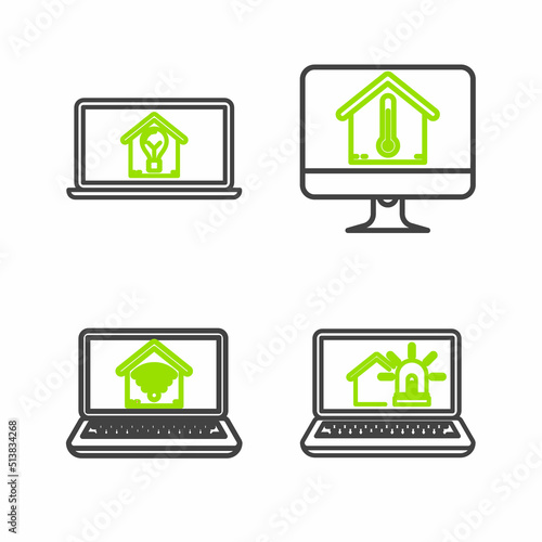 Set line Laptop with smart house and alarm, home wi-fi, Computer monitor temperature and light bulb icon. Vector