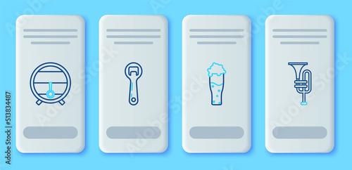 Set line Bottle opener, Glass of beer, Wooden barrel on rack with stopcock and Musical instrument trumpet icon. Vector