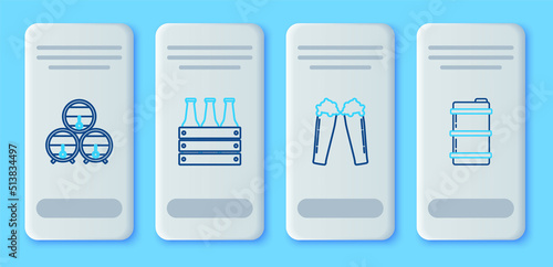 Set line Pack of beer bottles, Glass, Wooden barrel on rack with stopcock and Metal keg icon. Vector