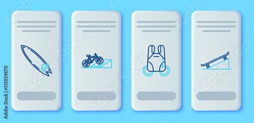 Set line Bicycle on street ramp, Parachute, Surfboard and Skateboard icon. Vector