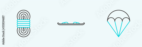 Set line Parachute, Climber rope and Snowboard icon. Vector