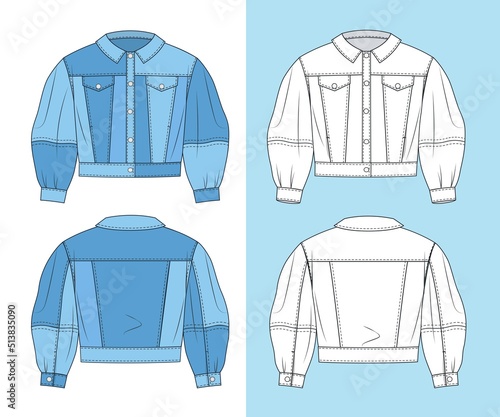 Girl`s crop Denim Jacket fashion  flat sketch template. Unisex blue Denim Jacket fashion concept set.