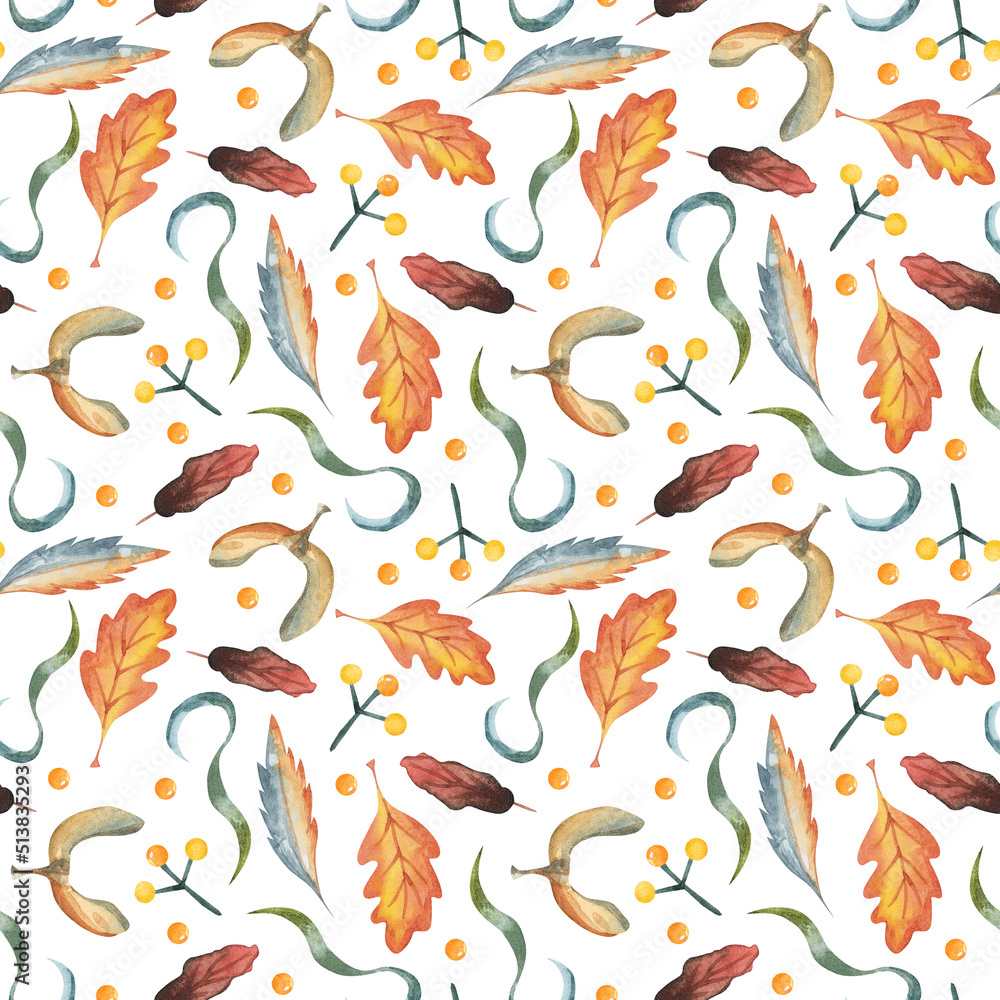 Autumn nature artistic seamless pattern. Watercolor assorted tree leaves, berries on white background.