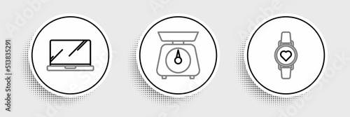 Set line Smart watch showing heart beat rate, Laptop and Scales icon. Vector