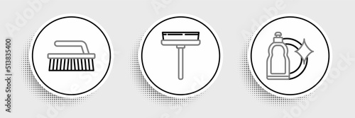 Set line Plastic bottles for liquid dishwashing liquid, Brush cleaning and Squeegee, scraper, wiper icon. Vector
