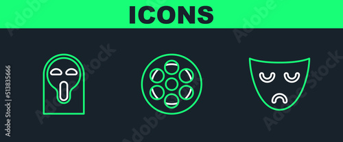Set line Drama theatrical mask, Funny and scary ghost and Film reel icon. Vector