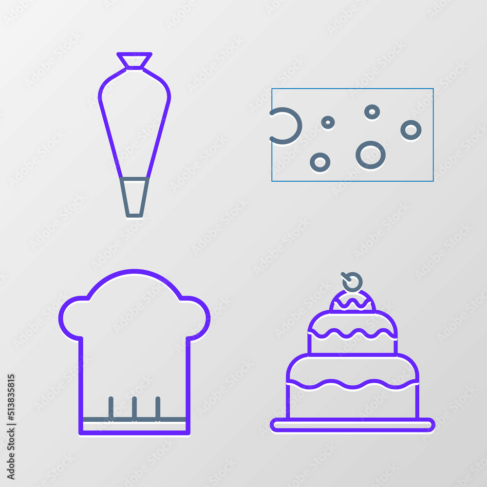 Set line Cake, Chef hat, Cheese and Pastry bag for decorate cakes icon. Vector Set line Cake, Chef hat, Cheese and Pastry bag for decorate cakes icon. Vector