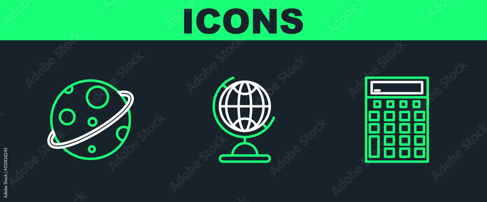 Set line Calculator, Planet and Earth globe icon. Vector Set line Calculator, Planet and Earth globe icon. Vector