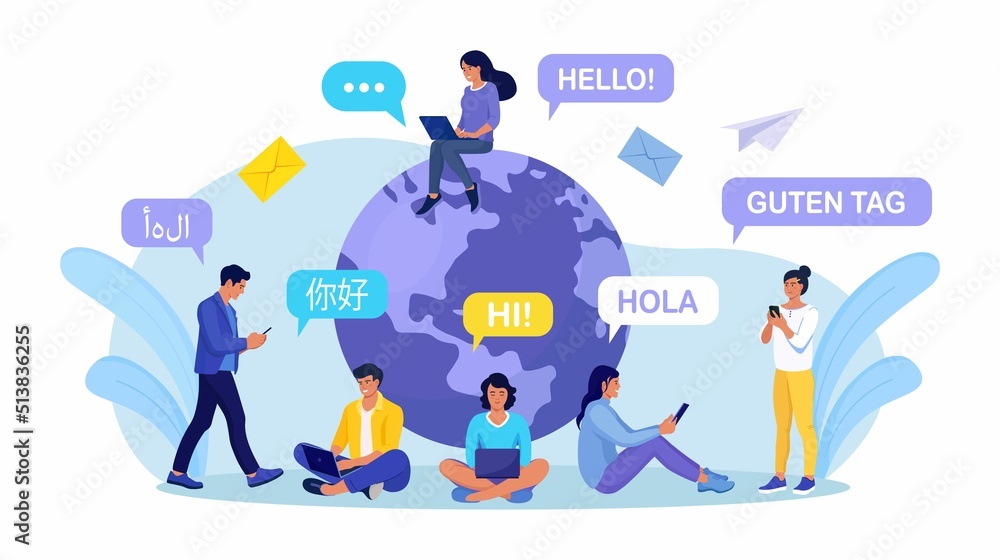 Young people chatting in foreign languages with phone. Multilingual greeting. Hello in different languages. Diverse cultures, international communication. Students with speech bubbles and earth planet - obrazy, fototapety, plakaty 