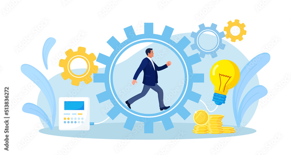 Businessman running in gear wheels, generate creative business idea. Employee inside cogwheel in hurry develop innovation or startup. Leader reach goal, power of motivation. Hard work and success Businessman running in gear wheels, generate creative business idea. Employee inside cogwheel in hurry develop innovation or startup. Leader reach goal, power of motivation. Hard work and success