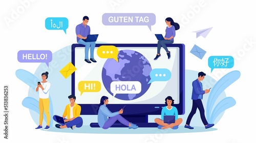 People chatting in foreign languages, using laptop, phone. Multilingual greeting. Hello in different languages. Diverse cultures, international communication. Earth planet on computer screen