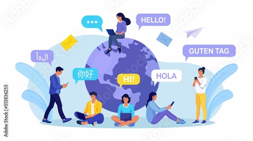 Young people chatting in foreign languages with phone. Multilingual greeting. Hello in different languages. Diverse cultures, international communication. Students with speech bubbles and earth planet