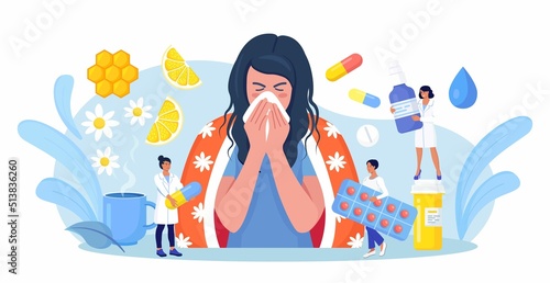 Young girl suffering from quinsy, or flu or any other virus cold. Woman sneezing and cough, using handkerchief or napkin. Ways to treatment illness with pills, medicines, hot tea with lemon, honey