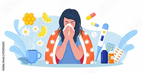 Young girl suffering from quinsy, or flu or any other virus cold. Woman sneezing and cough, using handkerchief or napkin. Ways to treatment illness with pills, medicines, hot tea with lemon, honey