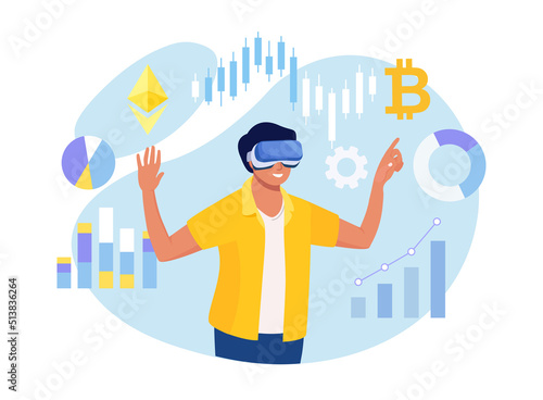 Man Working with Data in Virtual World using VR Glasses. Cyberspace. Metaverse Digital Virtual Reality Technology. Augmented Reality. Businessman Interacting with Interfaces, Checking Financial Charts