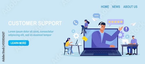Customer support. Contact us. Man with headphones and microphone talking with clients on laptop screen. Personal assistant service, hotline operator advises customer, online global technical support