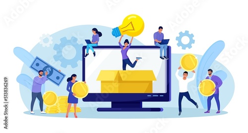Crowdfunding. Startup investment. Online service project to support, donate or collective raise money for new ideas. Crowdsourcing project, alternative financing. People putting money in donation box