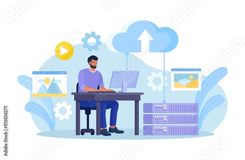 Cloud computing, online database, web hosting. People storing data and processing data on web server. Man using computer upload and download information on cloud storage