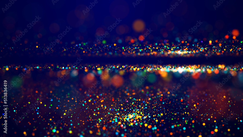 Magical multicolored sparkles of light form abstract simple spiral structure. Multi-colored glow particles float in viscous liquid as fantastic 3d background. 3d render