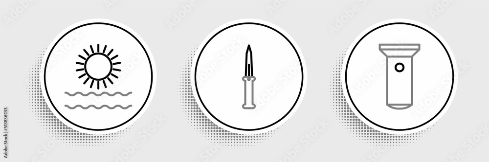 Set line Flashlight, Sun and waves and Army knife icon. Vector Set line Flashlight, Sun and waves and Army knife icon. Vector