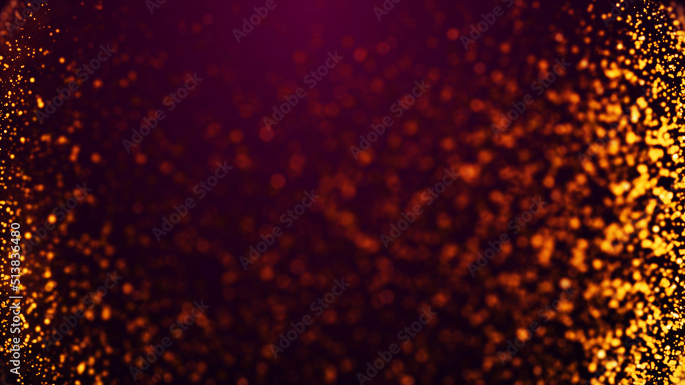 Golden red glow particles flicker and float in viscous liquid with amazing bokeh. Fantastic background. Gold magical sparkles of light form abstract structures. 3d render