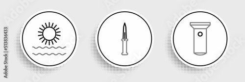Set line Flashlight, Sun and waves and Army knife icon. Vector