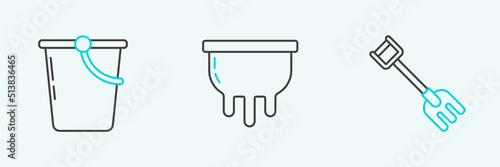 Set line Garden rake, Bucket and Udder icon. Vector