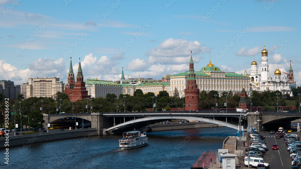 Aerial view of Moscow. Kremlin, river and bridge