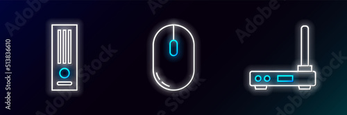 Set line Router and wi-fi signal, Video game console and Computer mouse icon. Glowing neon. Vector