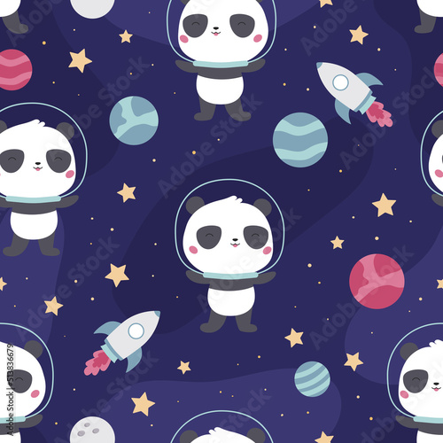 Childish seamless pattern with cute panda on space background. Cartoon kawaii animal. Flat style spaceship, planets, stars and moon. Vector illustration.