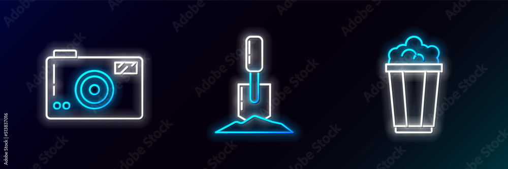 Set line Popcorn in cardboard box, Photo camera and Shovel the ground icon. Glowing neon. Vector Set line Popcorn in cardboard box, Photo camera and Shovel the ground icon. Glowing neon. Vector
