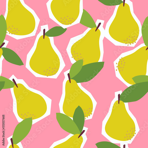Pears, healthy fruit, nutritious food. Seamless pattern, repeat, handmade illustration, super colorful. Citrus, summer, refreshing. Vector Background. Green, pink and white.