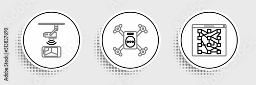 Set line Global technology or social network, Wireless Controlling CCTV security camera and Drone flying with action icon. Vector