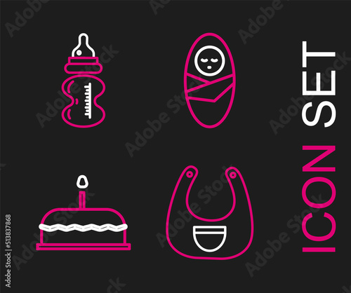 Set line Baby bib, Cake with burning candles, Newborn baby infant swaddled and bottle icon. Vector