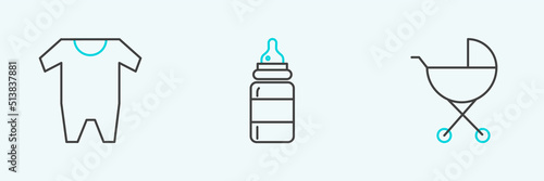 Set line Baby stroller, clothes and bottle icon. Vector