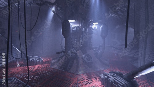 3D-illustration of a cyberpunk computer after a catastrophe