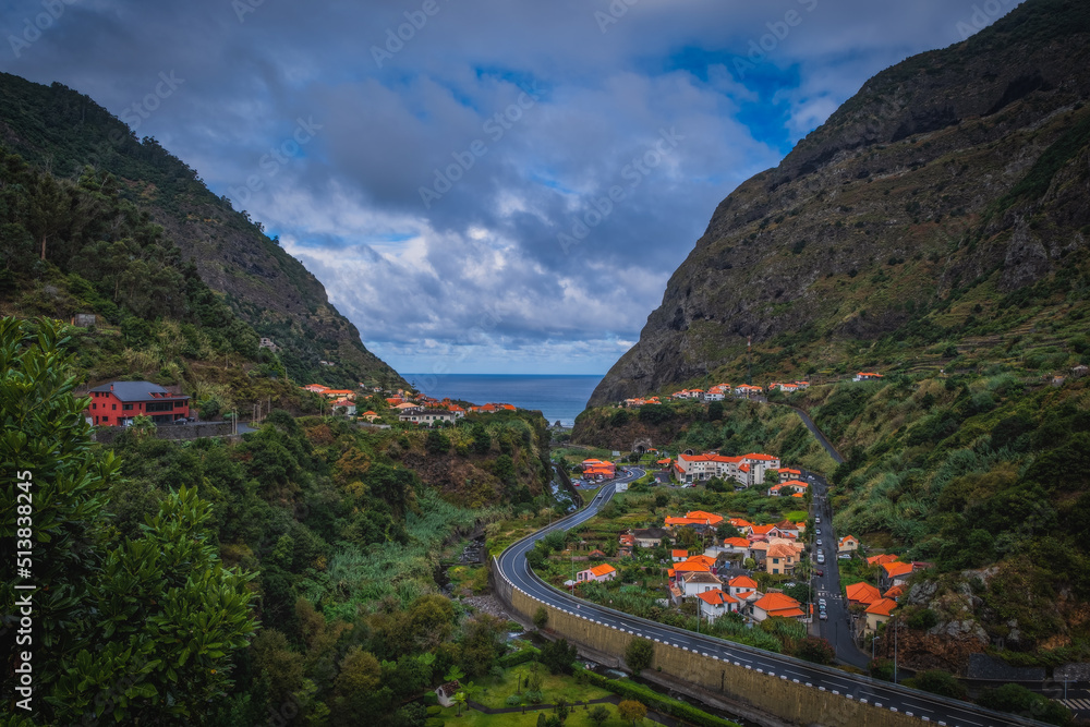 Sao Vicente or San Vicente, Madeira, Portugal - October 2021: The fragment view of Sao Vicente village from mountain