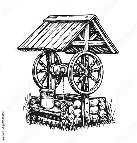 Rustic well with water. Hand drawn sketch vintage vector illustration
