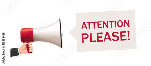 Attention please sign with Megaphone in hands. Important message, pay attention to the banner. Vector illustration