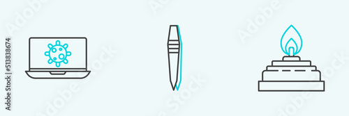Set line Alcohol or spirit burner, Bacteria on laptop and Tweezers icon. Vector