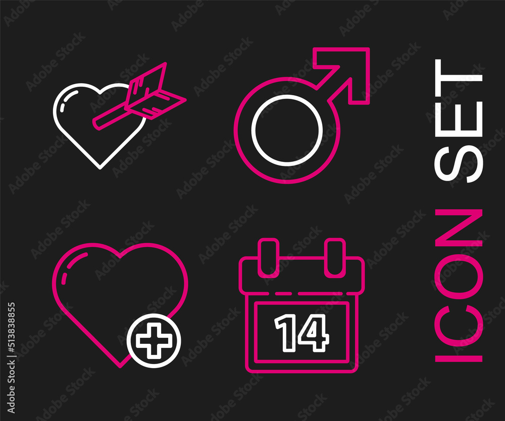 Set line Calendar with February 14, Heart, Male gender symbol and Amour heart and arrow icon. Vector Set line Calendar with February 14, Heart, Male gender symbol and Amour heart and arrow icon. Vector
