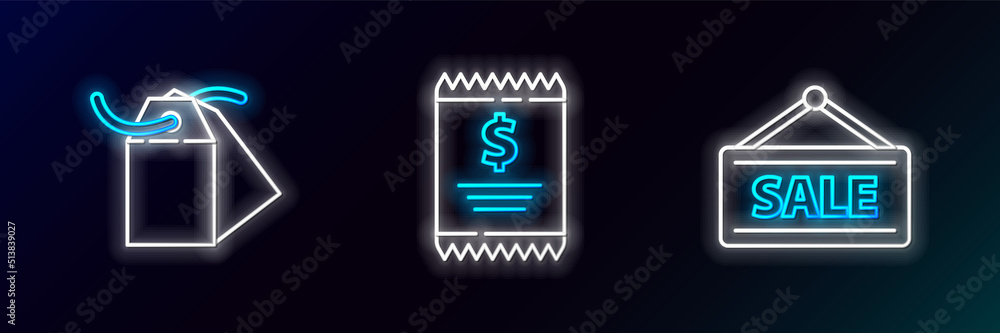 Set line Hanging sign with Sale, Blank label template price tag and Paper check and financial check icon. Glowing neon. Vector Set line Hanging sign with Sale, Blank label template price tag and Paper check and financial check icon. Glowing neon. Vector